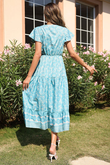 V-ringning Blå Sommarklänning med Kort Ärm